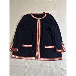Talbots Textured Tipped Cardigan Size M Navy Blue Red White‎ 3/4 Sleeves Office